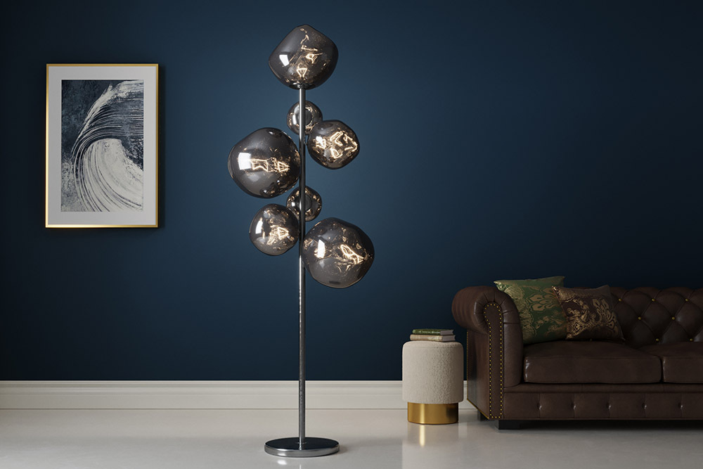 Design Stehlampe LIQUID DIAMOND 170cm smoke Glas Stahl sieben Schirme Kugelleuchte