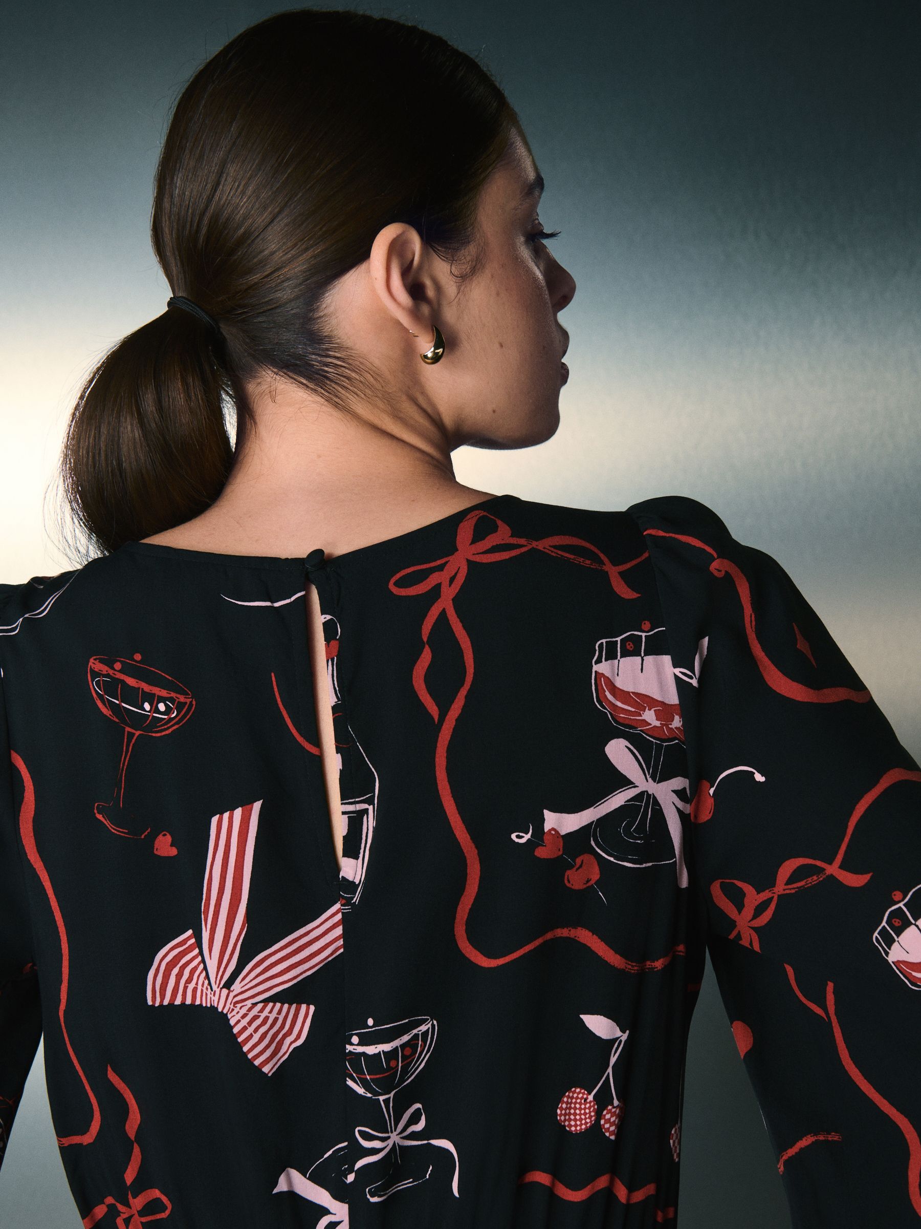 Black/Pink Bow Print - Mini Long Sleeve A-Line Seam Detail Dress