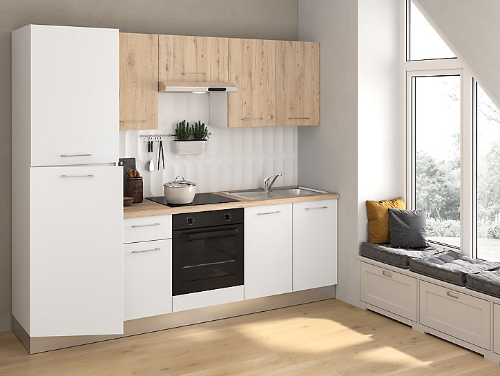Cuisine complète pré-montée All in Urban décor bois et blanc L. 250 cm avec électroménager