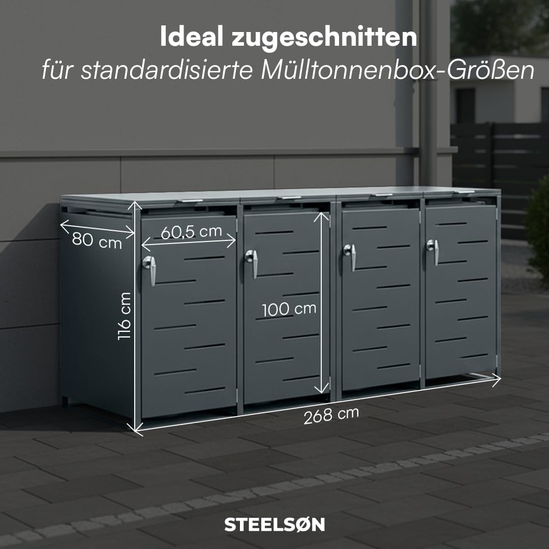 STEELSØN Diorus Mülltonnenbox 4er bis 240L abschließbar – Hochwertige Mülltonnenverkleidung für 4 Tonnen – Müllbox Stahl – Müllcontainer Anthrazit - Mülltonnen Box wetterfest – Gerätebox mit Schloss