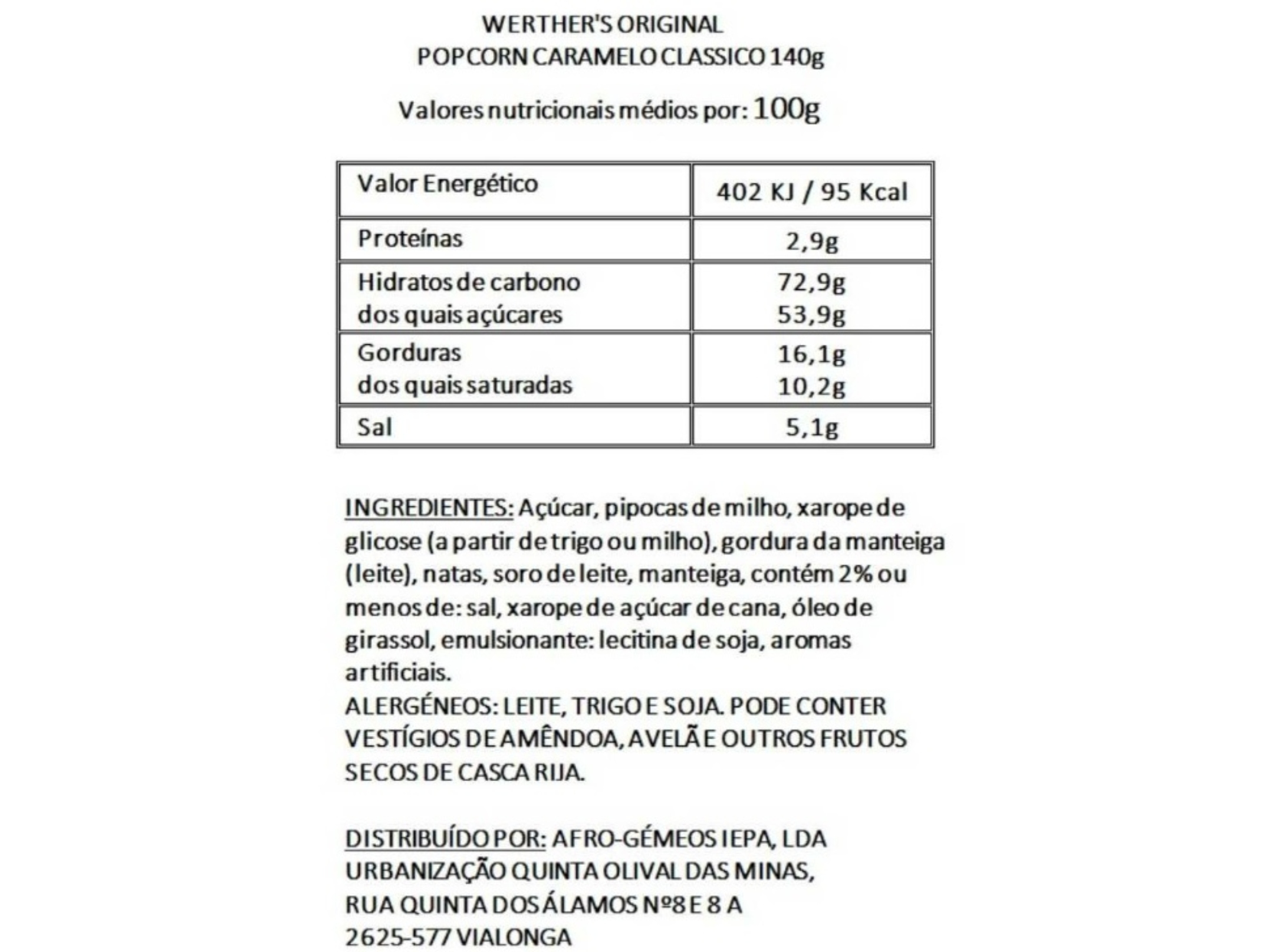 PIPOCAS DOCES WERTHER'S CARAMELO 140G