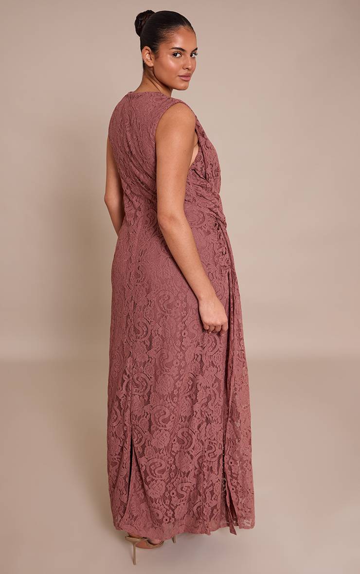 Mauve Robe Longue Grande Taille À Détails En Dentelle Et Devant Torsadé