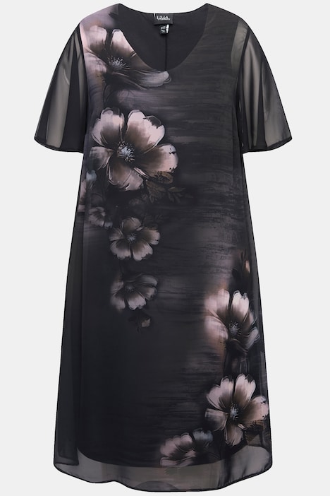 Kleid, Blüten, A-Linie, V-Ausschnitt, Cup-Halbarm