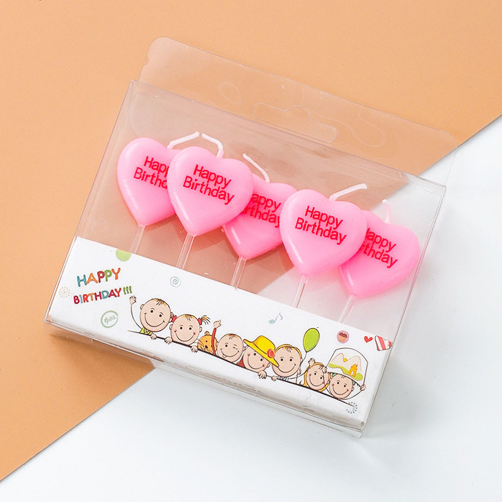 (5er Set) Mini Herzen Geburtstags Kerzen Kuchenstecker Happy Birthday Deko für Torten / Kuchen - Rosa
