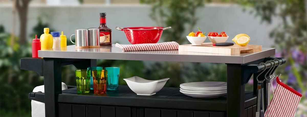 Keter Unity XL BBQ Beistelltisch, Abmessungen 134x51.7x89.6cm, grau, wetterfest, Arbeitsplatte aus Edelstahl, Outdoor Sideboard, perfekt für das Grillen im Frühling