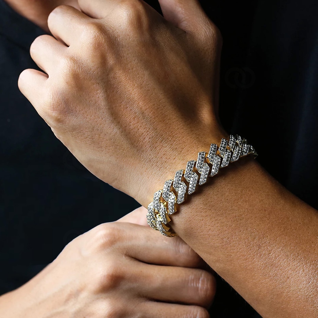 15mm Prong Cuban Link Panzerarmband Gelb vergoldet mit Zirkonia