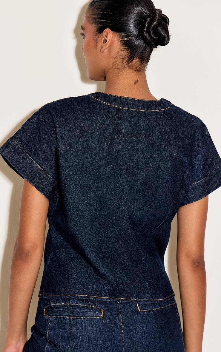 Bleu Indigo Chemise En Jean Courte À Col Rond Avec Détail De Poches