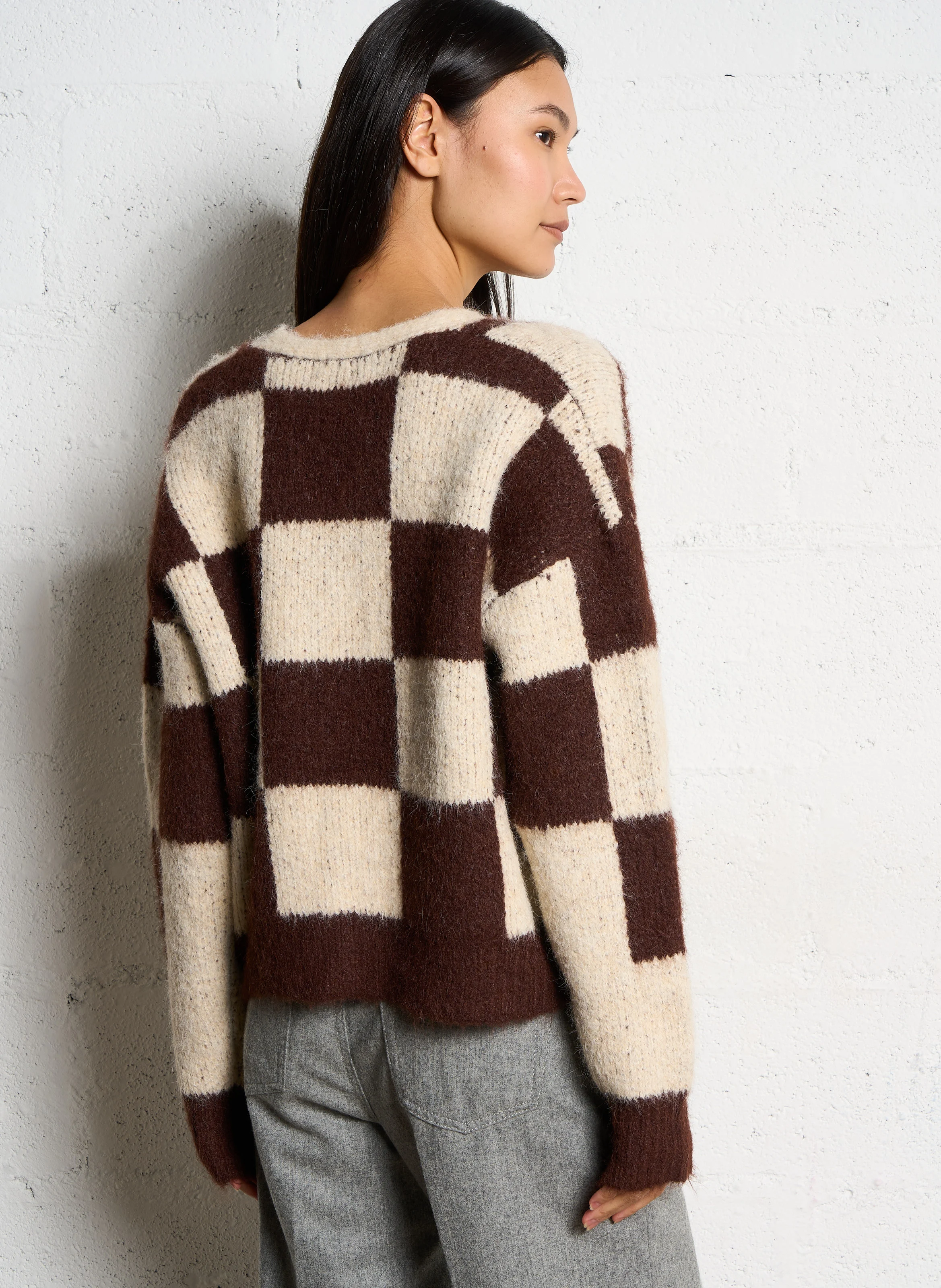 Gilet droit en maille imprimé | Marron