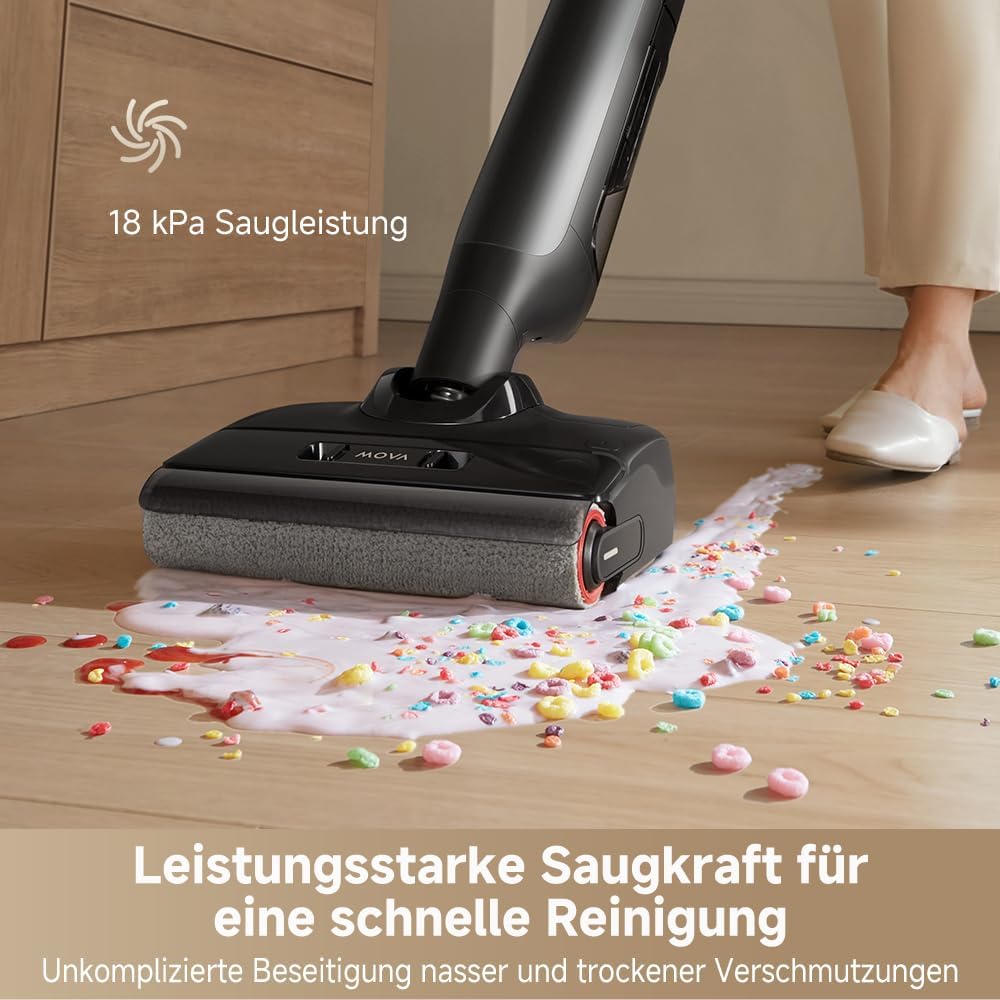 Mova M10 Nass Trockensauger, Flaches 180°, 90° Drehbar, 18.000 Pa Saugkraft, 0,9 kg Gewicht, 75 °C Bürstenreinigung, 5 Min. Heißlufttrocknung, Verhedderungsfrei, Bürste mit Doppelichtungsrotation,