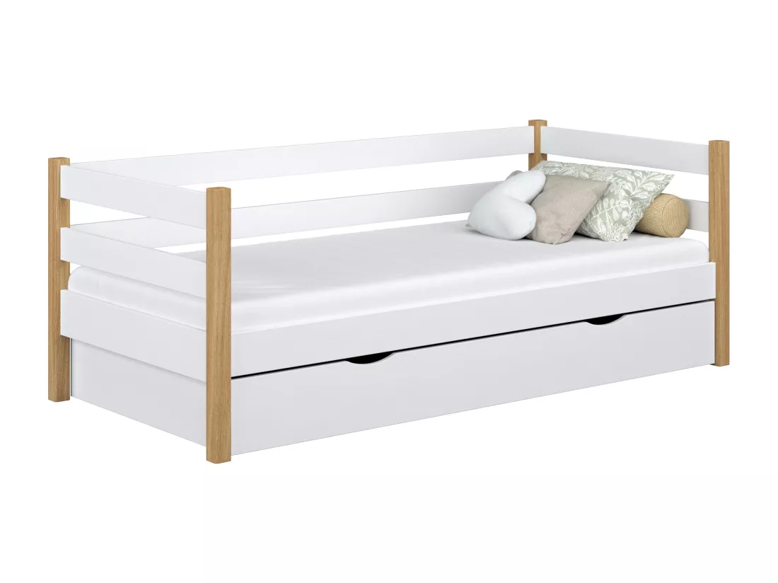 Lit banquette en bois - avec tiroir N01 Blanc / Chêne Naturel 80x200
