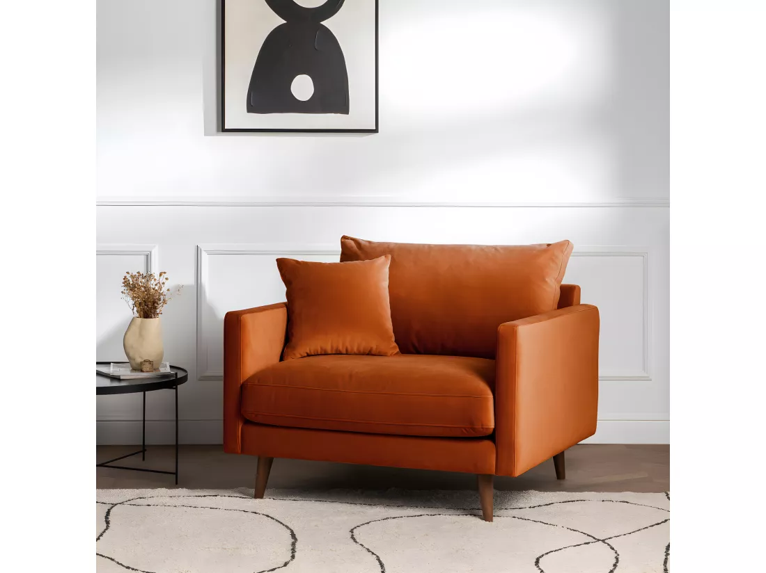 Villabon - Fauteuil XL en velours pieds bois foncé : Couleur - Rouille