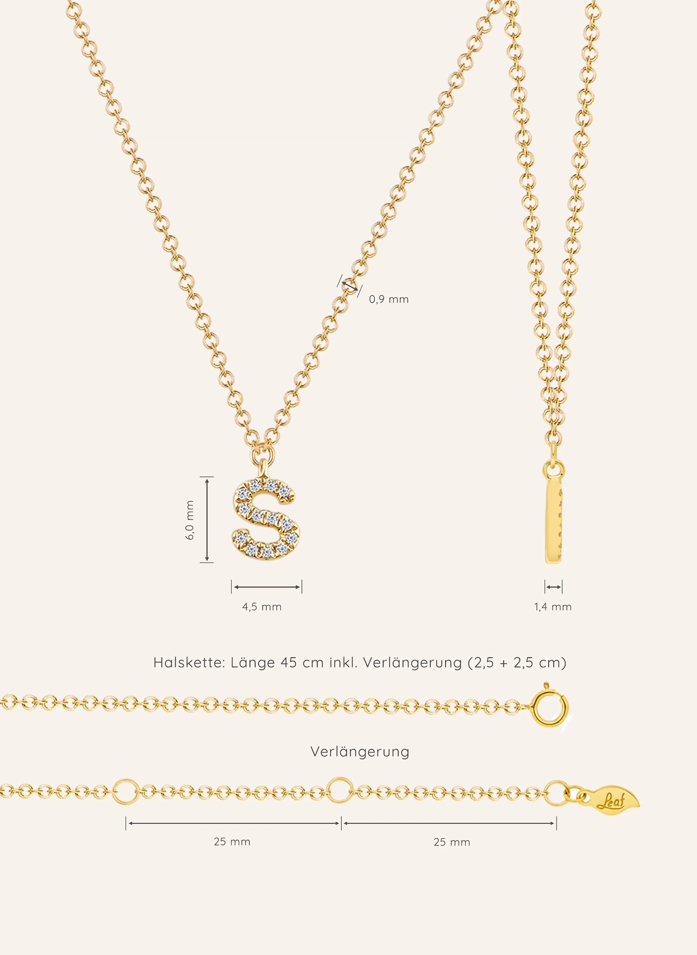 Leaf INITIALIEN Halskette „S“ aus 14 Karat Gelbgold mit Diamanten