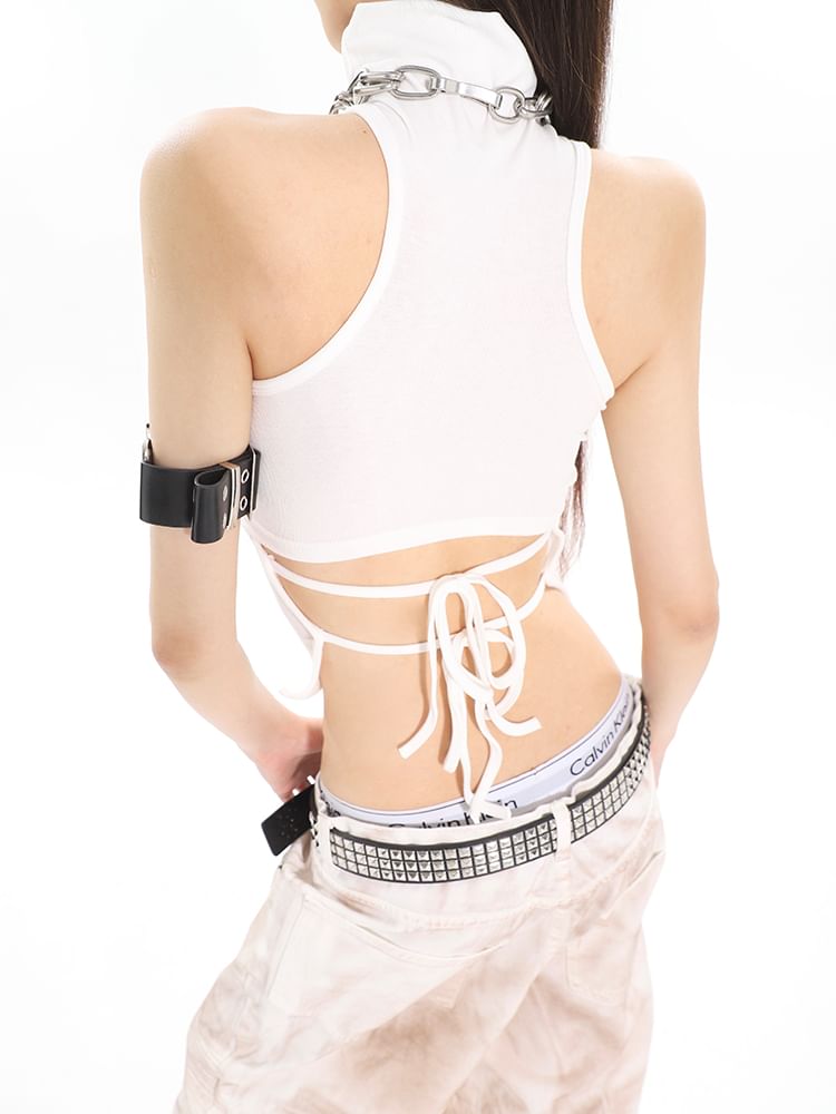 SPUCIKLEI - Turtleneck Plain Racerback Asymmetrisch Gewatteerd Crop Tanktopje