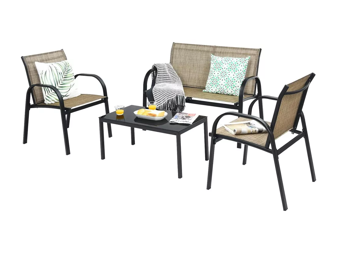 Ensemble Salon de Jardin 4 Pièces en Métal, Ensemble de Meubles de Patio 1 Causeuse 2 Chaises 1 Table Basse en Verre, pour Jardin Terrasse Piscine (Marron)