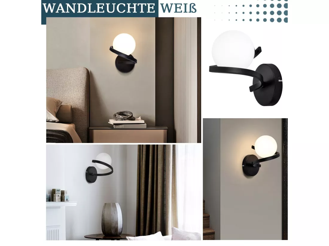 NETTLIFE Applique salle de bain Spots muraux Boule de verre G9 Noir mural 1 flamme Blanc Intérieur Lampe
