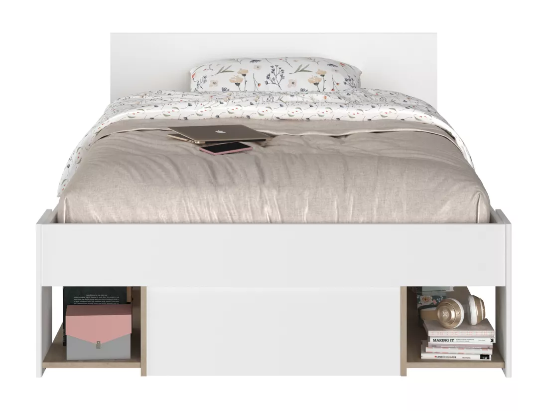 Lit 120 x 190/200 cm avec rangements - Blanc et naturel - KINSELIA