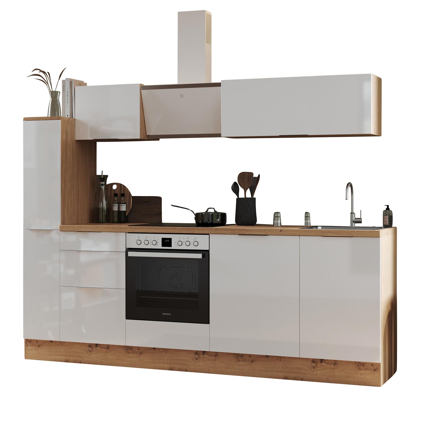 RESPEKTA Küchenblock - weiß Hochglanz - Artisan Eiche - mit E-Geräten - 250 cm