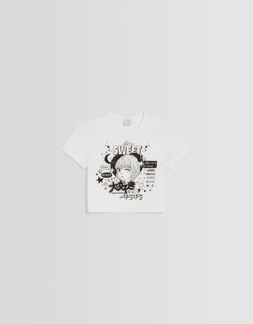Camiseta cropped de manga curta com estampa