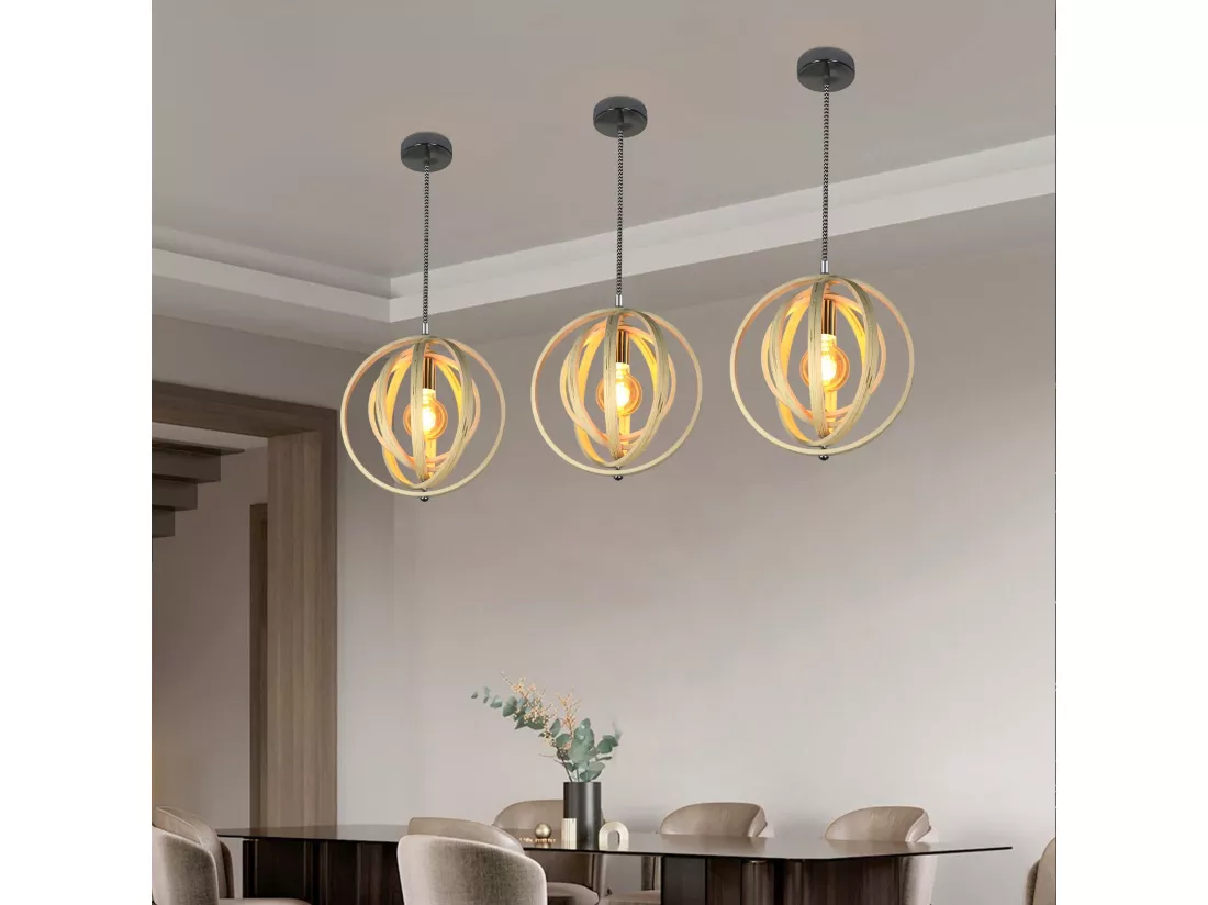 NETTLIFE Suspension LED en bois blanc Diam.30cm E27 lampe à style maison de campagne vintage, réglable en hauteur, intégré en permanence, salle