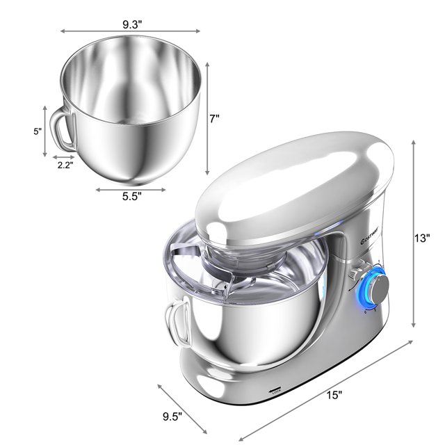 Batedeira de pedestal Costway de 6 velocidades, 660 W, com gancho para massa e batedor de arame, 6,3 qt (6,3 litros), branca.