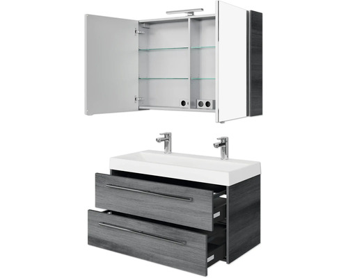 Pelipal Milano badkamermeubelset, BxHxD 100 x 200 x 45 cm, fronten in grafietstructuur (horizontaal patroon), met dubbele wastafel in wit gegoten mineraal, SET-138-044