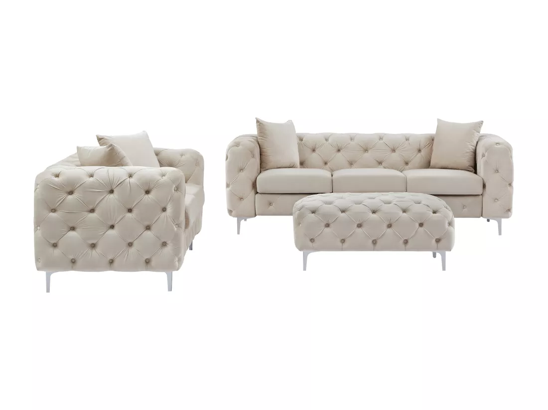 Canapé 3 places, 2 places et pouf chesterfield en velours beige EDWINA