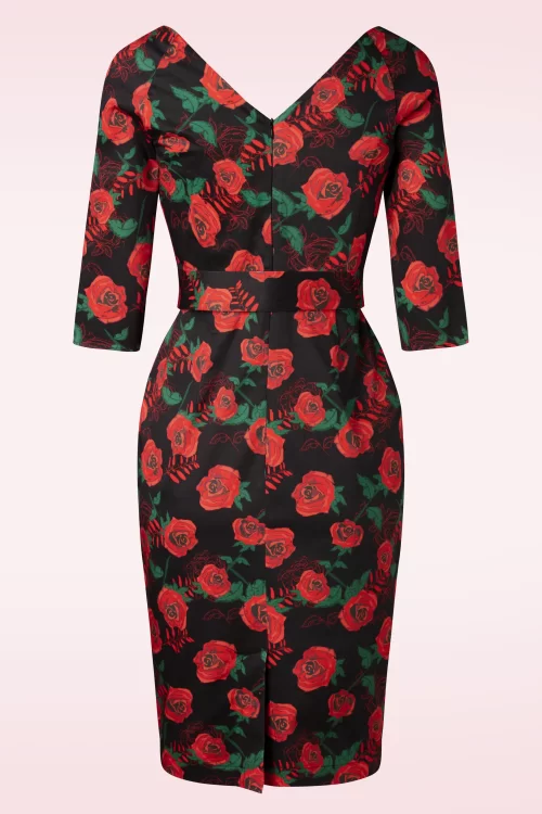 Vintage Diva  The Bombshell Roses pencil jurk in zwart