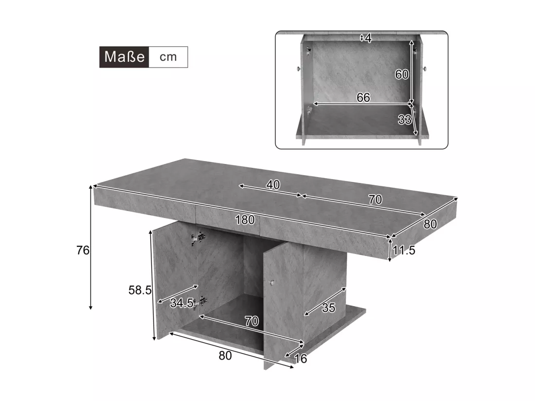 Table à manger extensible - 4 à 8 personnes - avec espace de rangement - panneaux de particules gris - 140/180x80x76cm