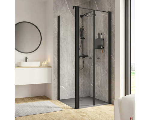 Douchedeur met zijpaneel en draaideur SCHULTE Garant 2.0 ExpressPlus 80 x 80 cm, zwart profiel, helder glas met vuilafstotende coating, deur rechtsdraaiend, zijpaneel linksdraaiend