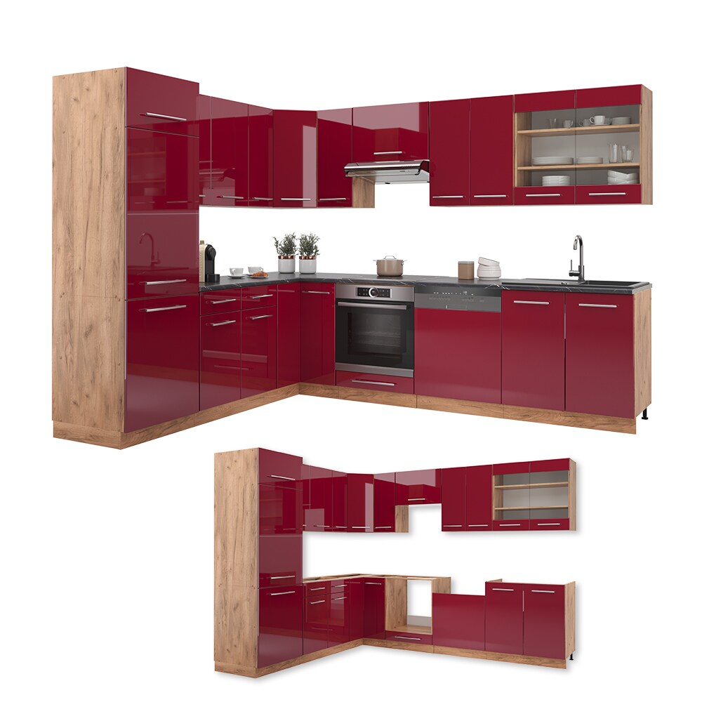 Vicco Eckküche Küchenzeile Einbauküche Fame-Line Eiche Bordeaux Rot 227x287 cm modern Spülenunterschrank Schubunterschrank Eckunterschrank Herdumbauschrank Hängeschrank Kühlumbauschrank Hängeglasschrank