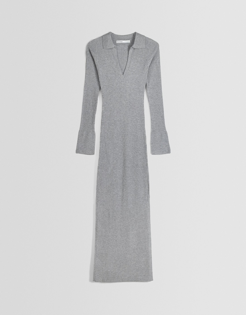 Vestido midi de manga comprida com gola polo
