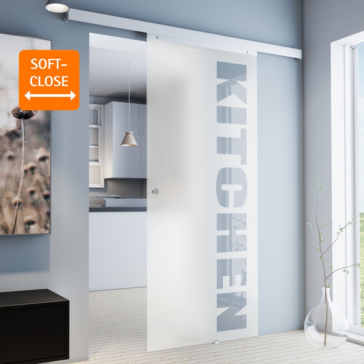 Schuifdeur, binnendeur, glazen schuifdeur KEUKEN 880x2035 - greep + 2-zijdige softclose