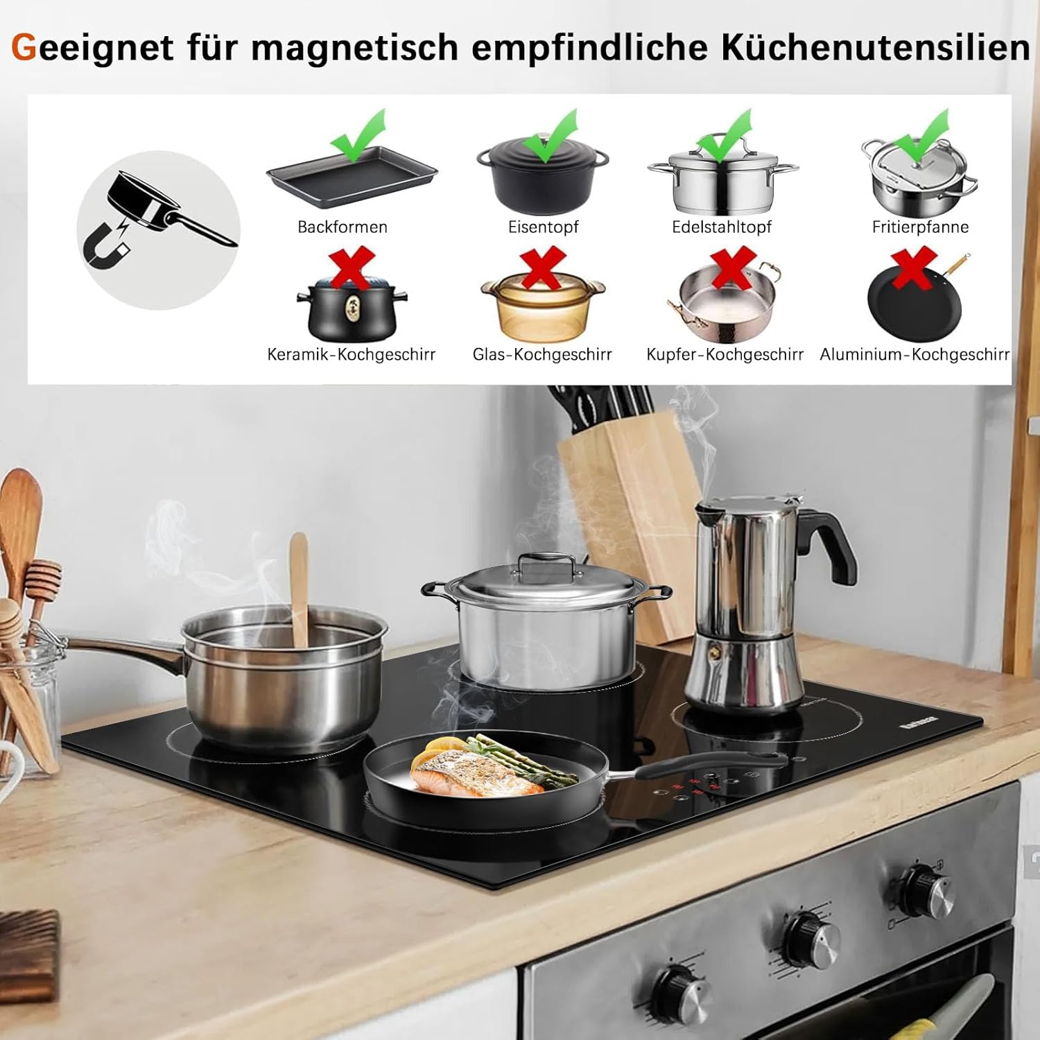 Karinear Induktionskochfeld 60 cm 4 Platten, Einbau Kochfeld Induktion mit Stecker, 3500W 9 Leistungsstufe, Timer, Kindersicherung, Automatische Abschaltung, 220-240V