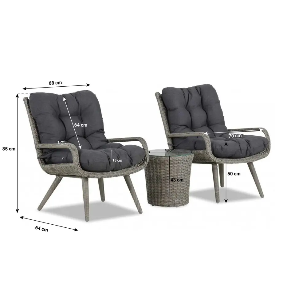 Bistroset 2 personen Wicker Grijs Garden Collections Dover