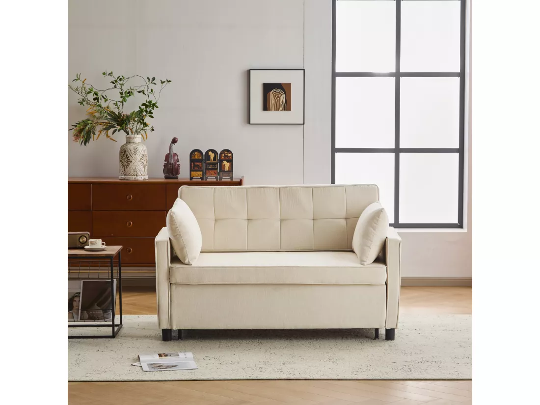 Canapé convertible 2 places, Canapé-lit pliant en tissu chenille - 142 x 79/174 x 85 cm - avec fonction sommeil et dossier réglable - Beige
