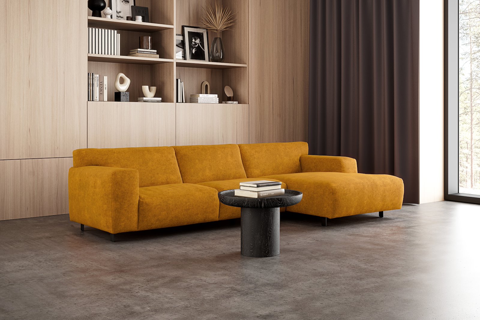 Vesta 2,5-seter med sjeselong høyre I Tekstil Eros Mustard, standardsøm, sort metallben 10 cm, Comfort CM