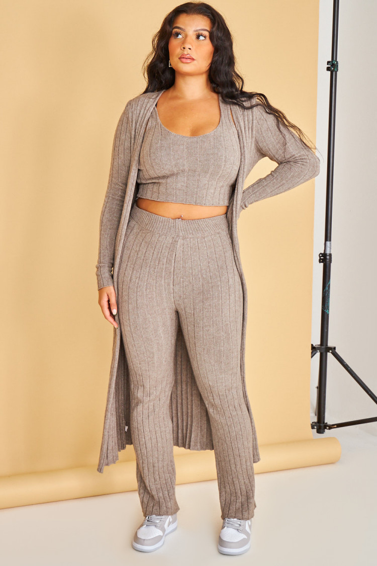 Ensemble 3 pièces gilet + top + pantalon taupe côtelé