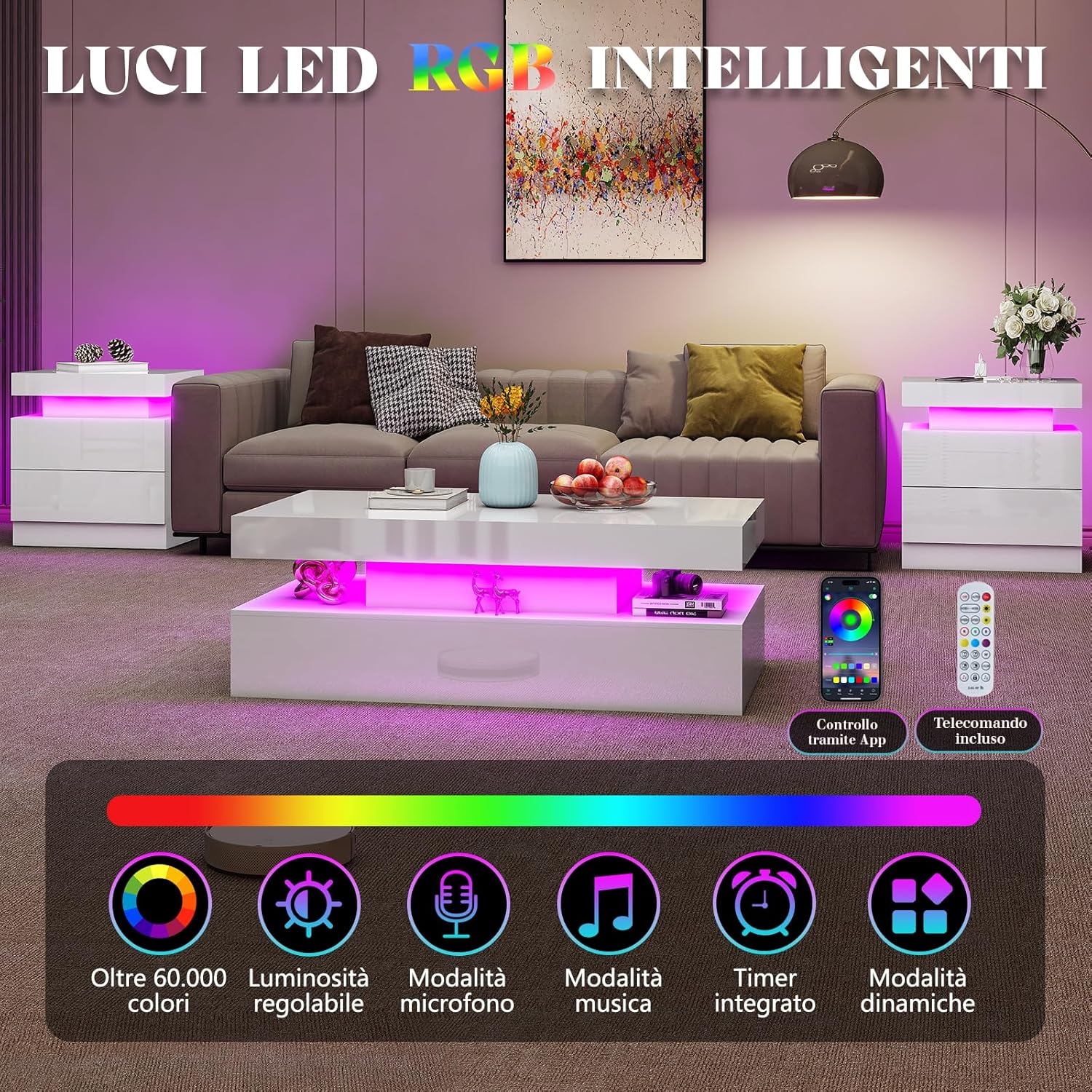 2er-Set Hochglanz Nachttisch mit LED & Ladestation, Moderne Nachtschränke mit 2 Schubladen, Weißer Beistelltisch für Schlafzimmer & Wohnzimmer, 58x40x35 cm