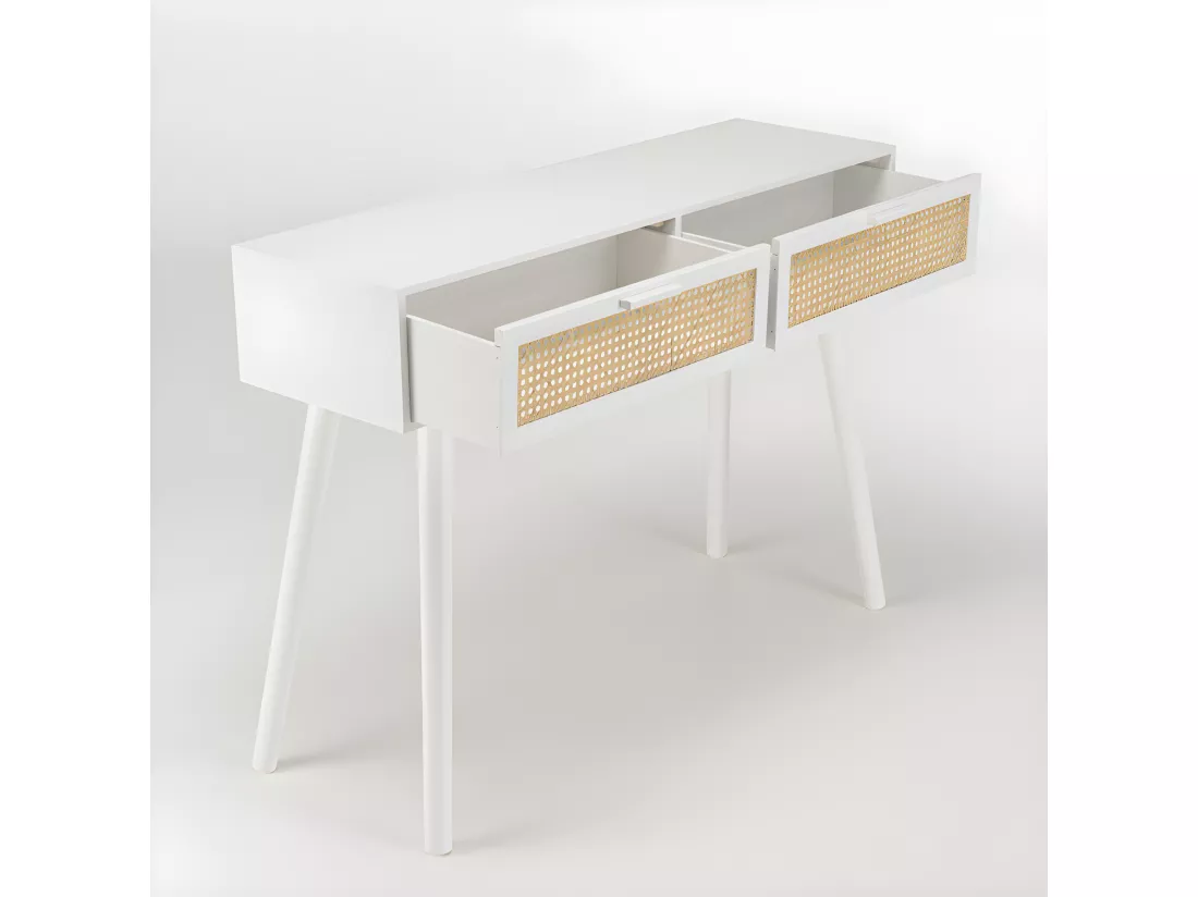 SANDRO - Console blanche 2 tiroirs cannage naturel