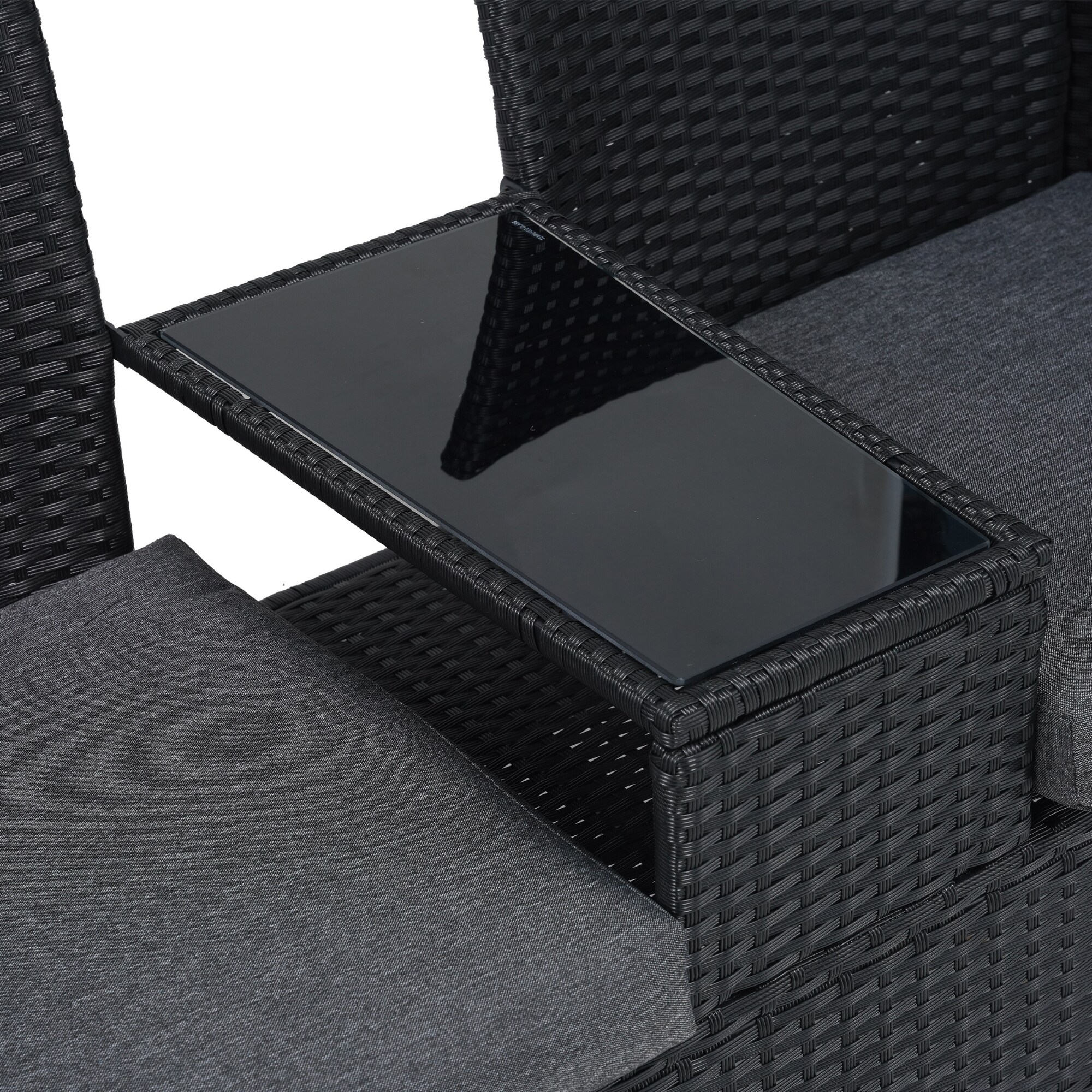Albatros Gartenbank ANTONIO – Polyrattan Bank – 2-Sitzer Gartenbank mit Tischplatte aus Glas – UV beständig wetterfest – Stoffpolster – 134x82x55cm schwarz – VIP RELAX Sitzbank