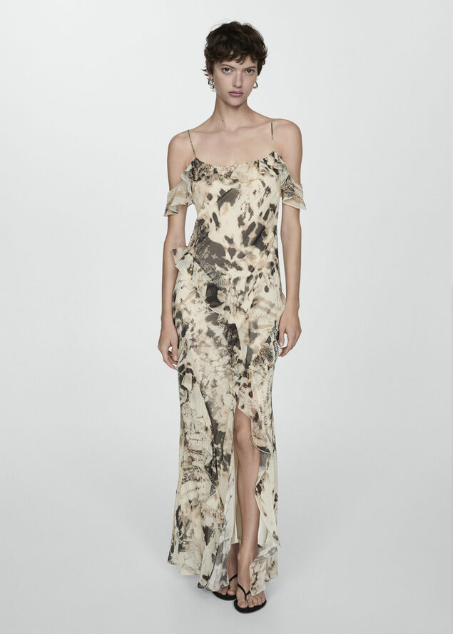 MANGO Animal print ruffled dress Light beige