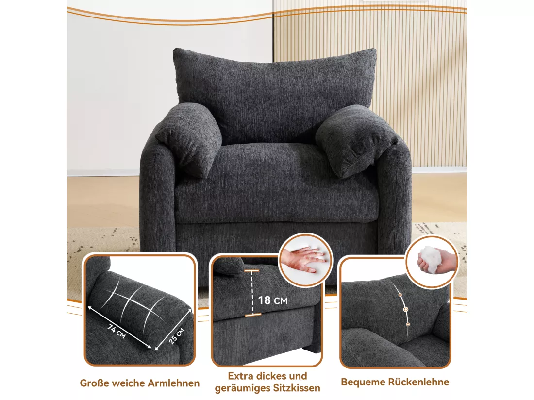 Fauteuil Moderne en Chenille, Canapé Décoratif de Grande Taille, Chaise de Salon et Chambre, Fauteuil Individuel, avec Coussins et Structure en Bois