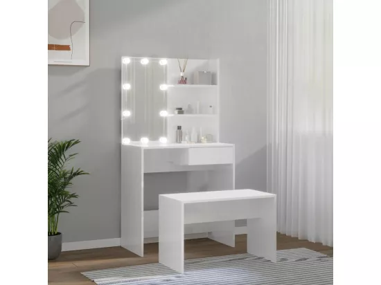 Ensemble de coiffeuse avec LED Blanc brillant Bois d'ingénierie