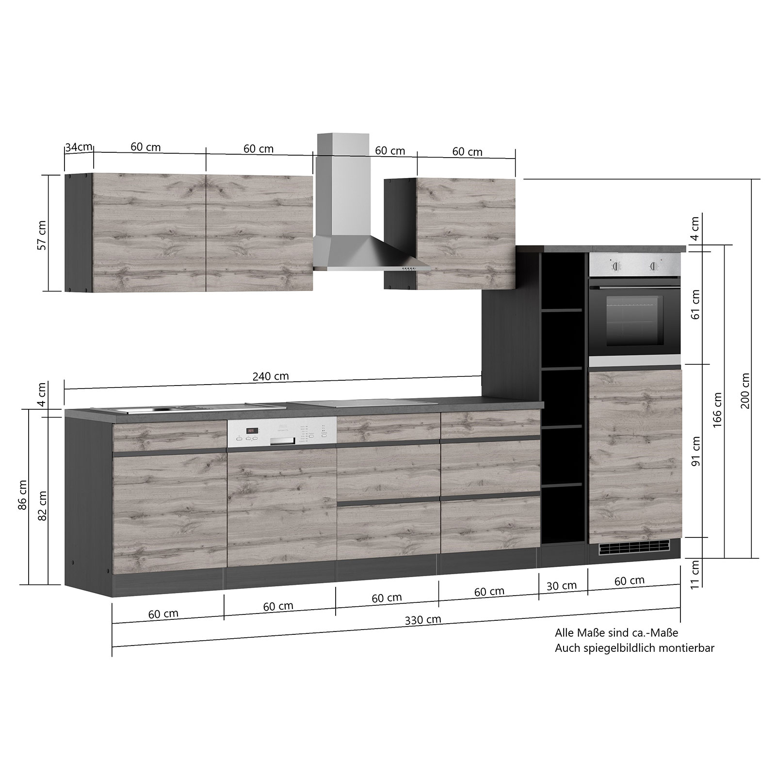 Küchenblock TURIN - Wotan Eiche-Graphit - mit E-Geräten - Glaskeramikkochfeld - 330 cm