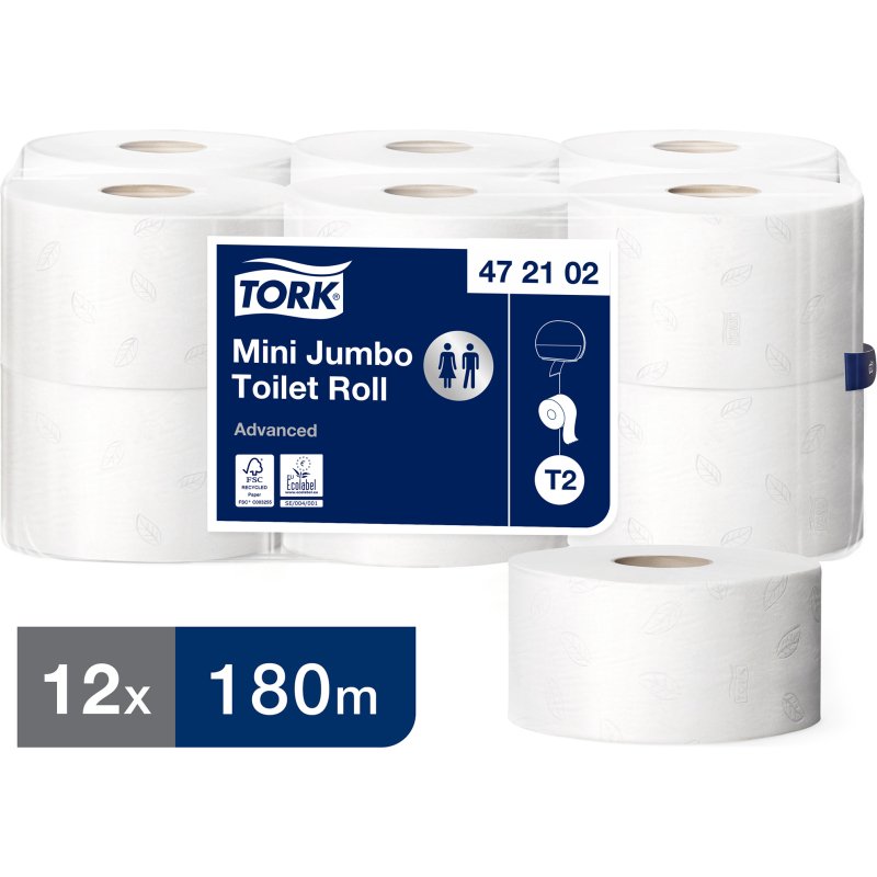 Papier toilette Mini Jumbo double épaisseur Advanced Tork T2 - 12 rouleaux de 180 m