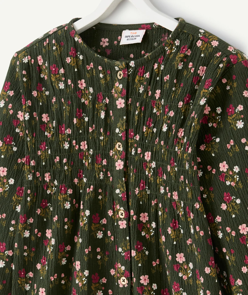 BLOUSE FILLE VERTE ET IMPRIMÉE FLEURIE AVEC FRONCES ET BOUTONS