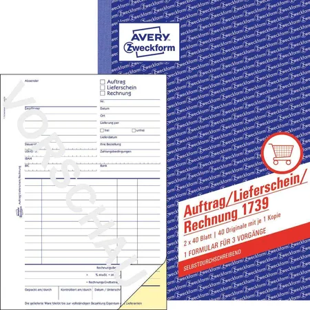Avery Zweckform 1739 Auftrag/Lieferschein/Rechnung, A5, selbstdurchschreibend, 2x40 Blatt