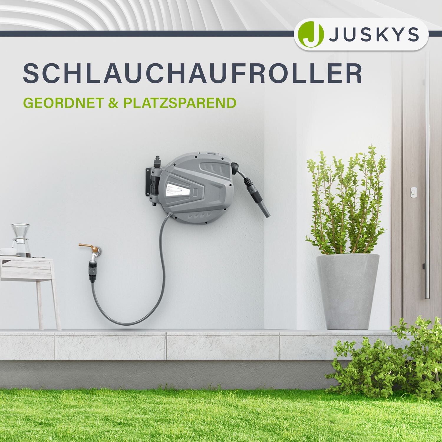 Juskys Schlauchtrommel Flowwater 10 m – Schlauchbox mit flexibler Wandhalterung & Aufrollautomatik