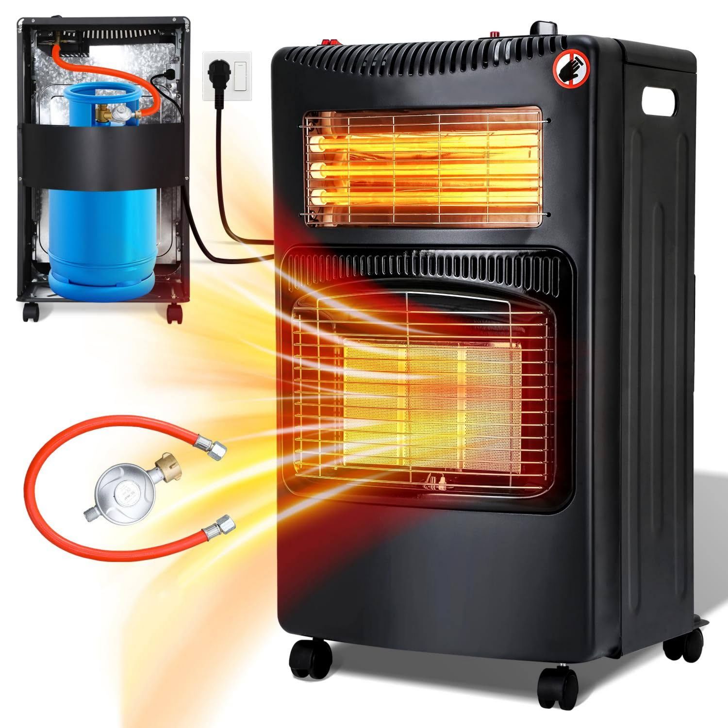 Eulenke Gasheizung für Innenräume, 4200w Keramik Gasheizer + 1260w Infrarot Heizstrahler inkl. Gasdruckregler & Gasschlauch, 3 Heizstufen Gasofen,