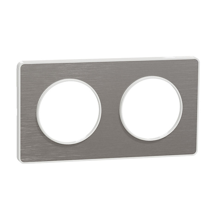 Plaque de finition double Schneider Electric Odace Touch aluminium brossé liseré blanc